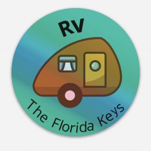 Blue holographic sticker with an RV and the words "RV int he Keys"