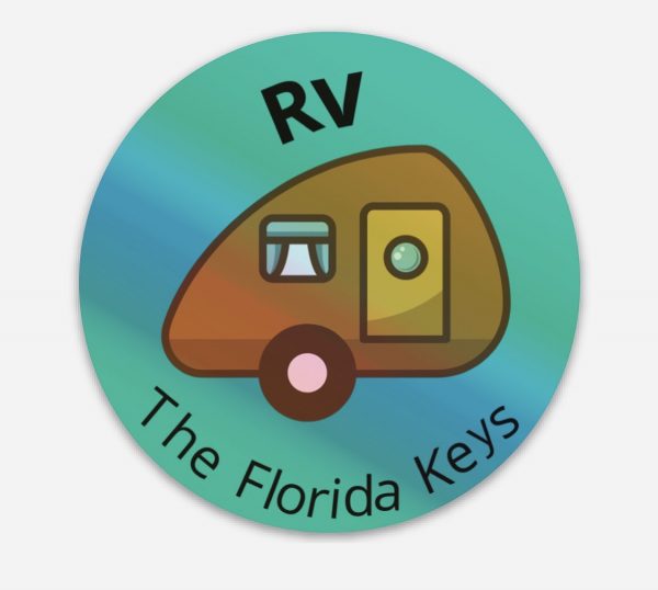 Blue holographic sticker with an RV and the words "RV int he Keys"