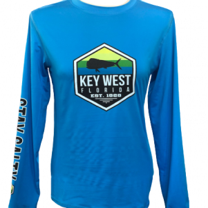 Front of blue mahi dry fit, large words key west and mahi in center