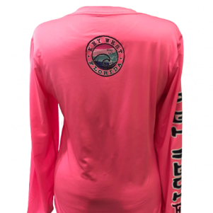 Back of pink dry fit. Small circle on upper back with the words key west florida and a wave