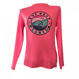 Pink long sleeved shirt with a circle and a wave in the center and the words key west florida surrounding the wave