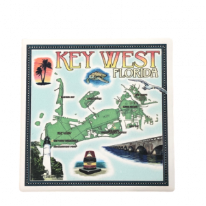 Map of Key West in green with the words KEY WEST written in the right in orange. The map displays Key Wests sights like the Southernmost point etc