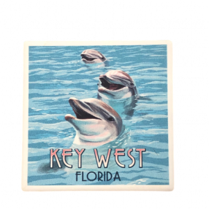 Three happy dolphins within the water and the words "Key West Florida below"