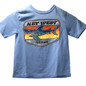 Sky blue shirt with sunset colors and a shark over them with the words Key West above it