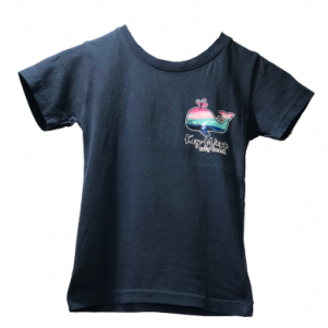 Navy t shirt with a pink blue and navy whale with the words key west. Small whale on the front pocket and then larger whale on the back of the t shirt
