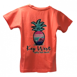 Neon orange shirt with big pineapple and the words key west florida underneath